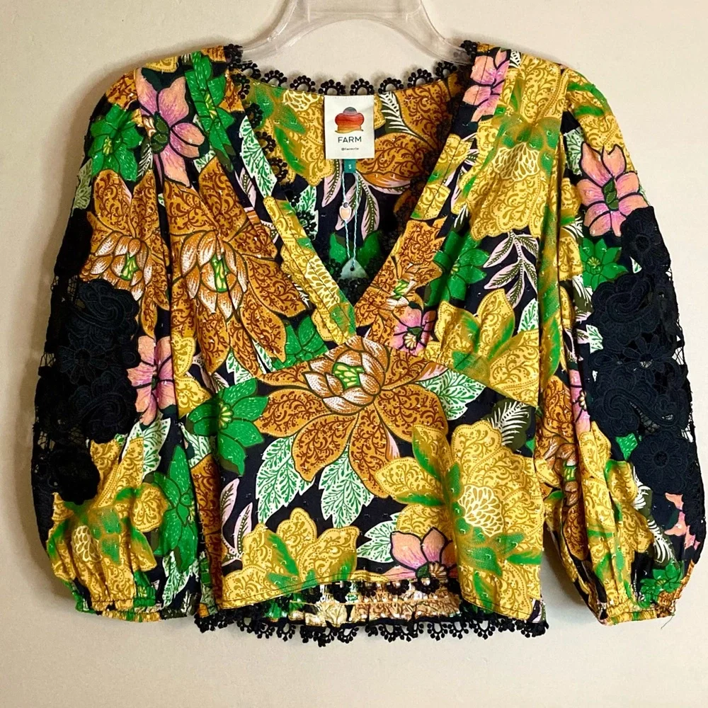 NEW Farm Rio Black Garden Puff Sleeve Blouse Tropical Floral Lace Inset Size S